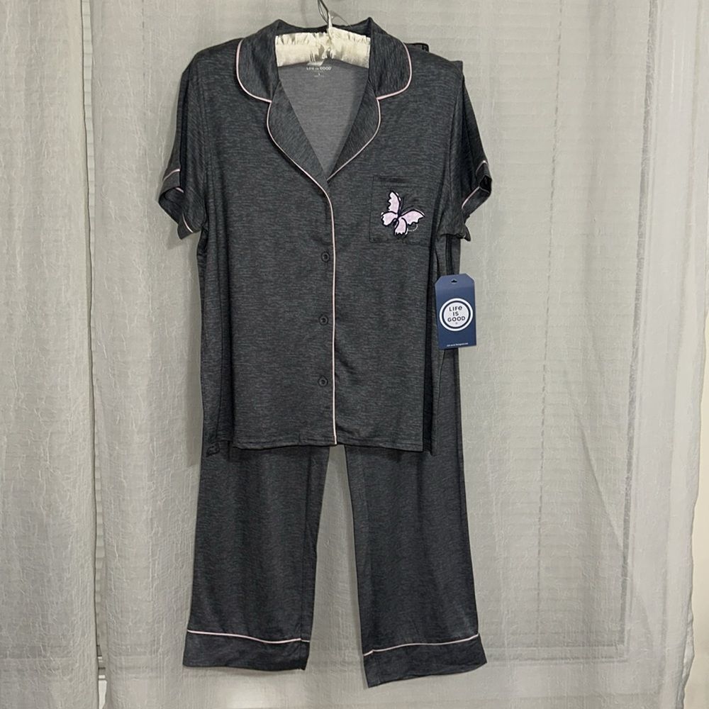 Life is Good L-XL Gray Pink Trim Notch Collar 2 pc Short Sleeve Top Pants PJ Set - Picture 8 of 16
